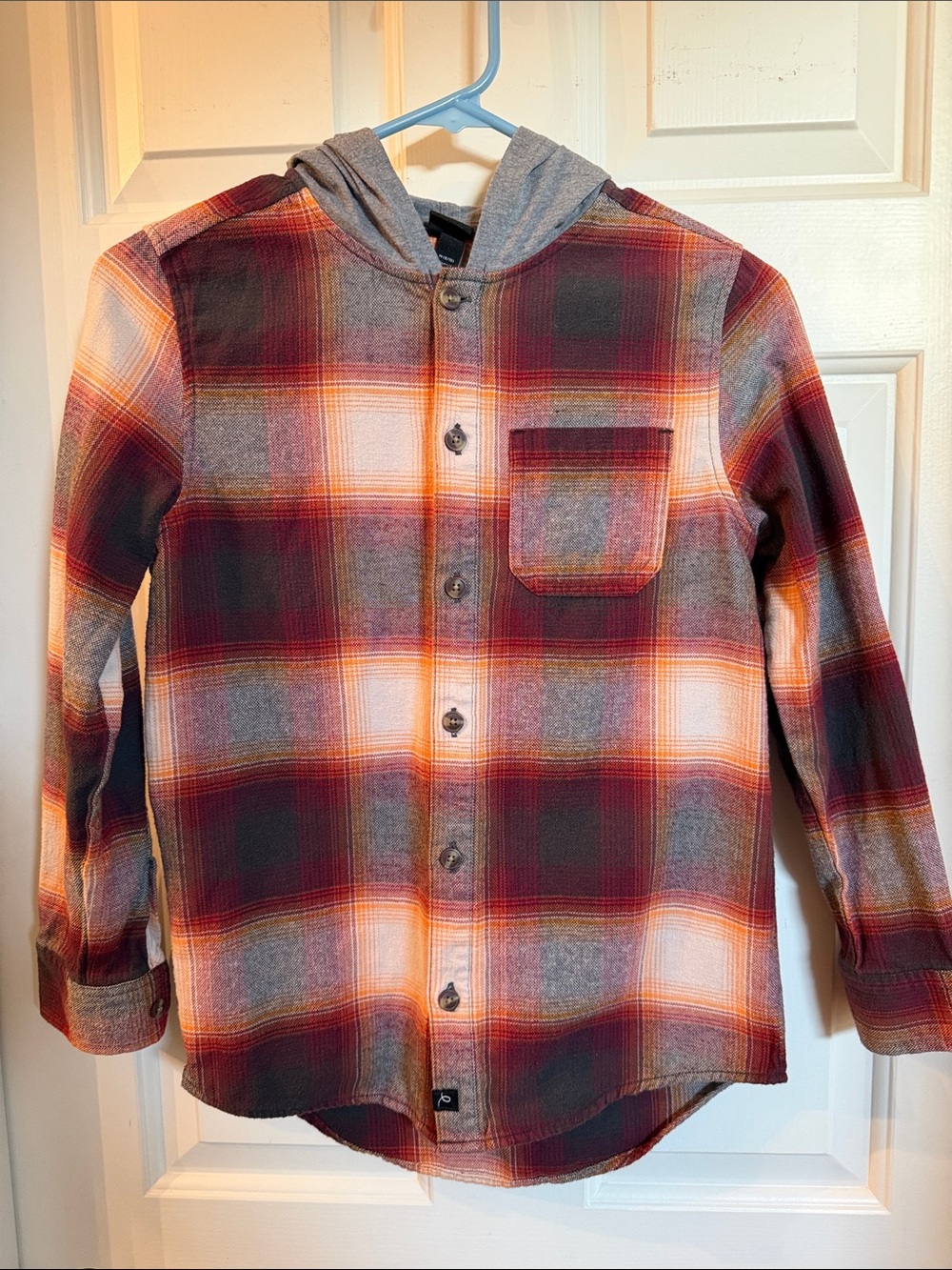 Kids Plaid Hooded Button-Up Shirt - Orange/Gray Size 8-10